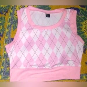 Source Unknown Pink and White Argyle Cropped Tank Top